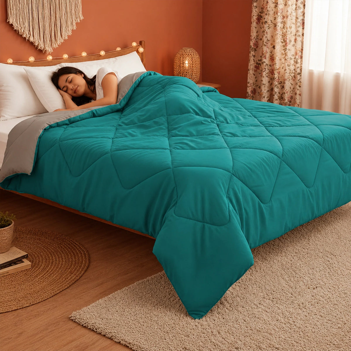 Fort - Box Stitch Duvet Comforter (Teal & Light Grey)