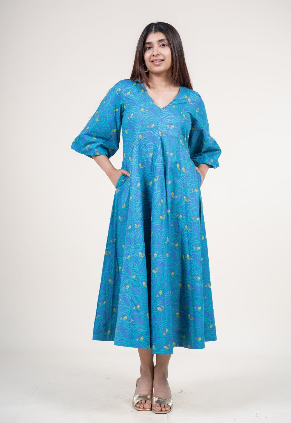 Tanisha Ink Blue Printed Cotton A Line Dress