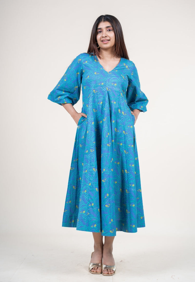 Tanisha Ink Blue Printed Cotton A Line Dress