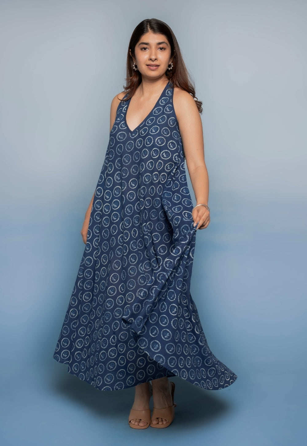 Tashi Blue Dabu Mul Cotton A Line Dress