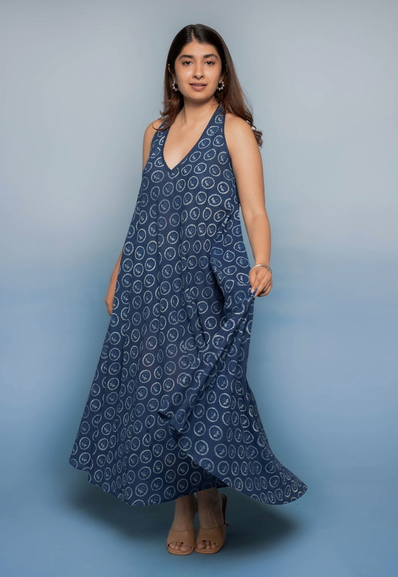 Tashi Blue Dabu Mul Cotton A Line Dress