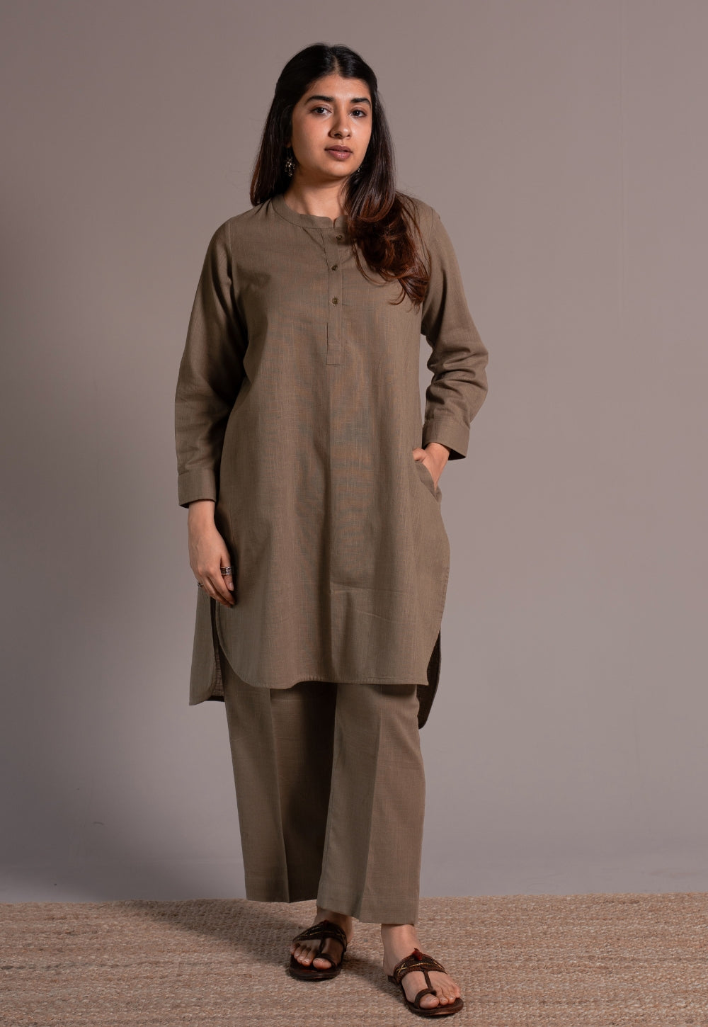 Khaki Grey Solid Slub Cotton Straight Co-Ord Set - DyeVerse