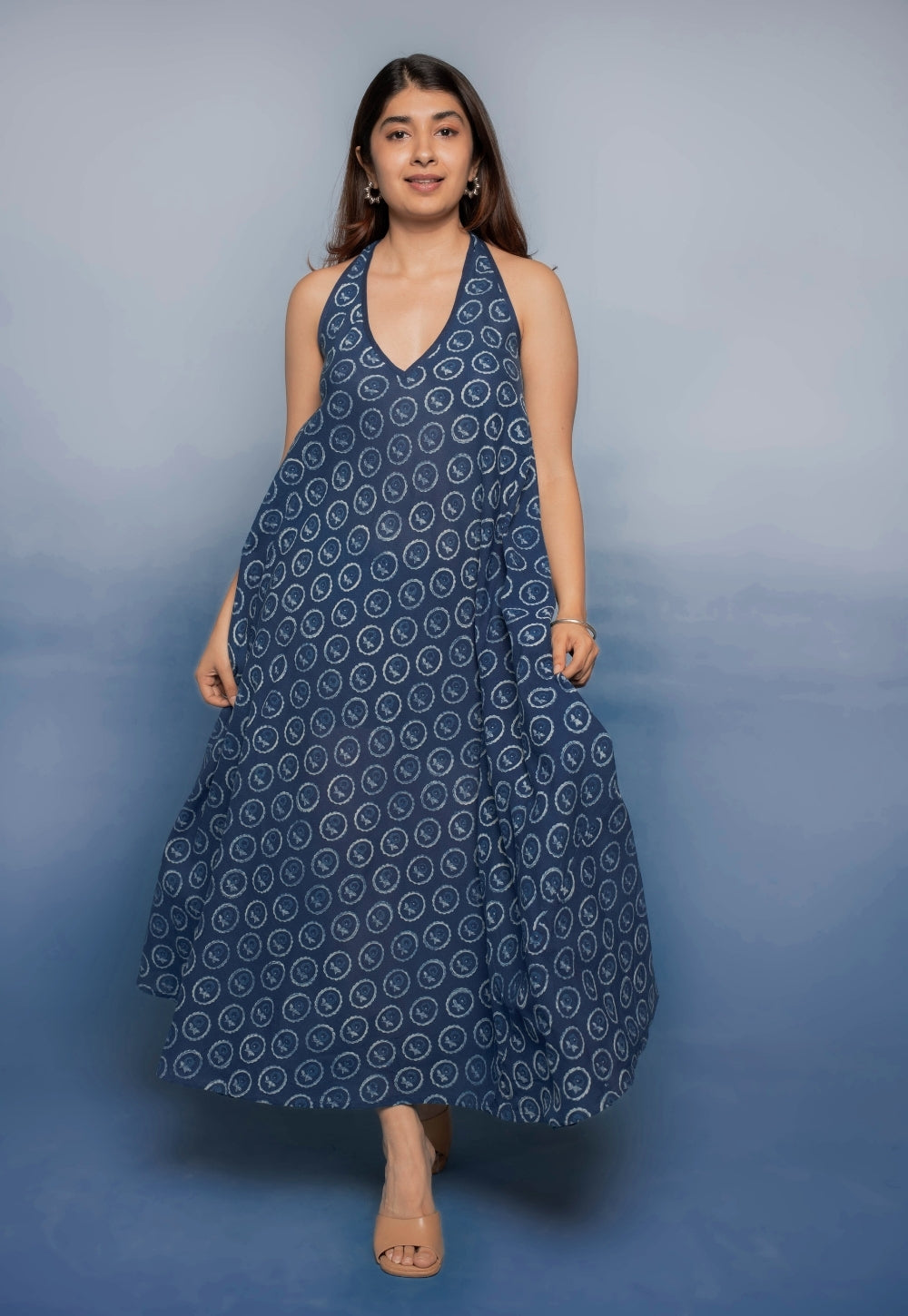 Tashi Blue Dabu Mul Cotton A Line Dress