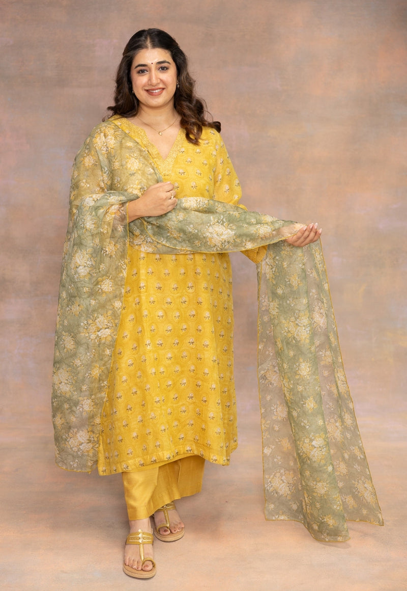 Yashi Yellow Solid Chanderi Silk Straight Pant