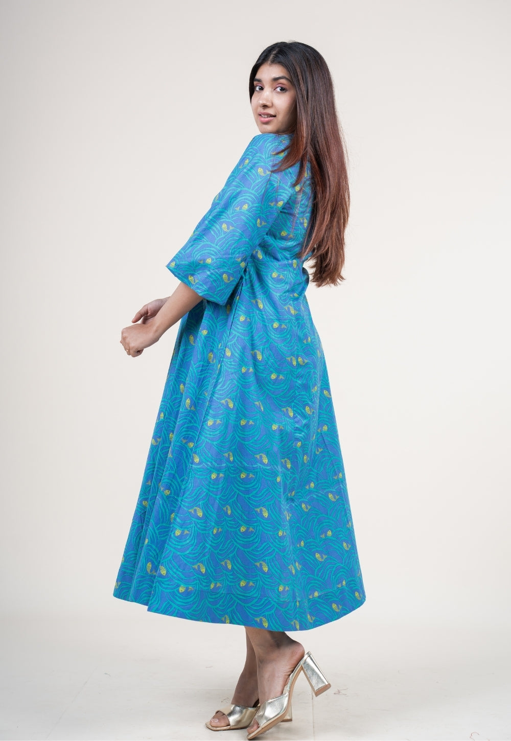 Tanisha Ink Blue Printed Cotton A Line Dress