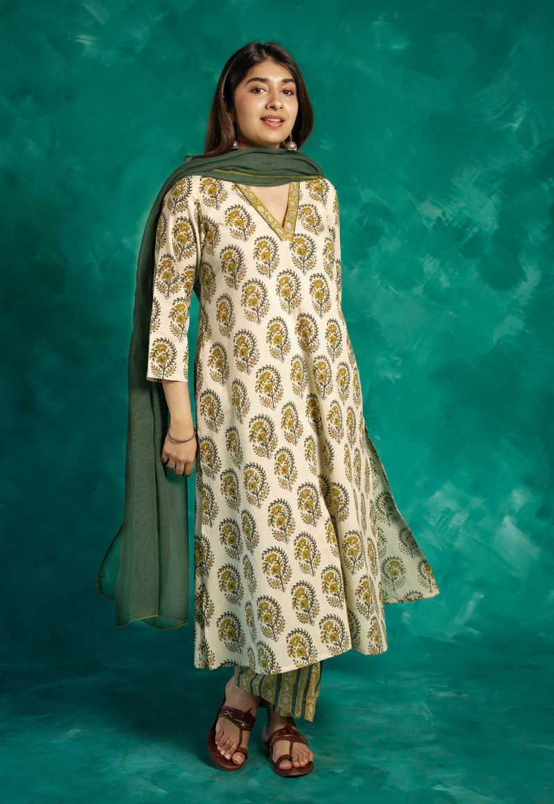 Vinita Yellow Bagru Cotton A Line Kurta