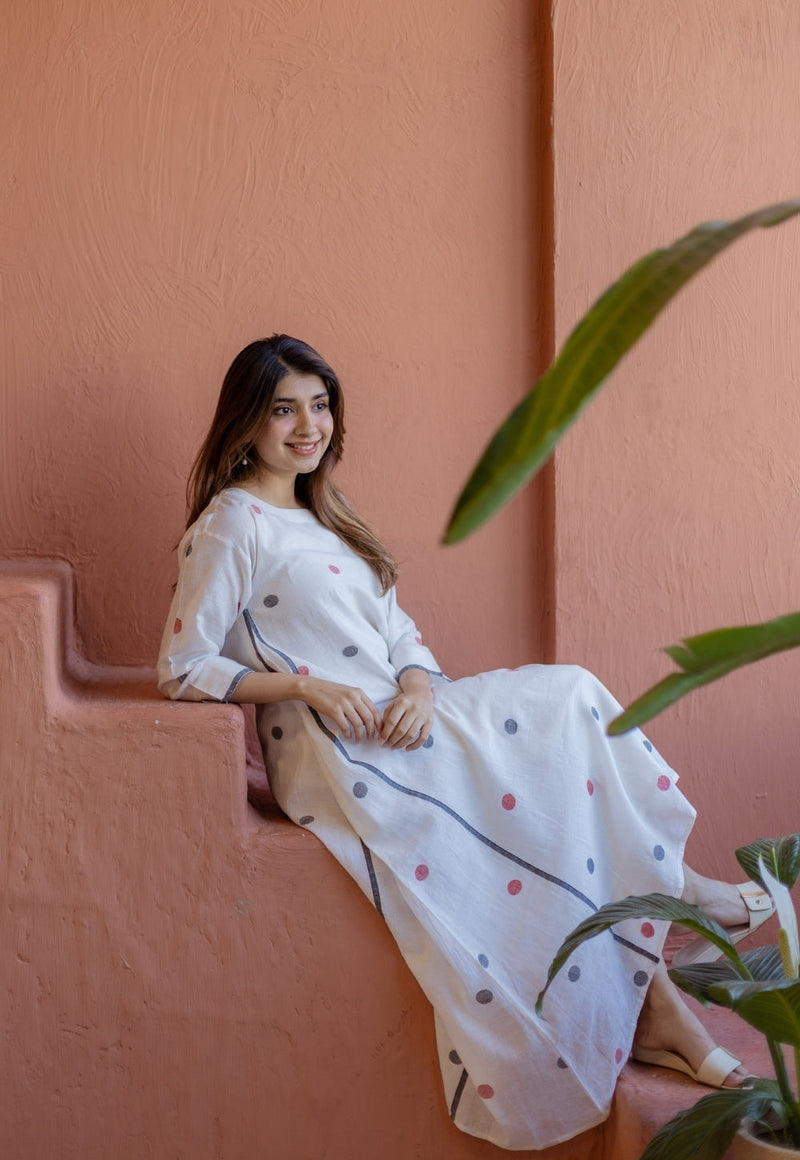 Jiya White Jamdani Handloom Cotton A Line Kurta