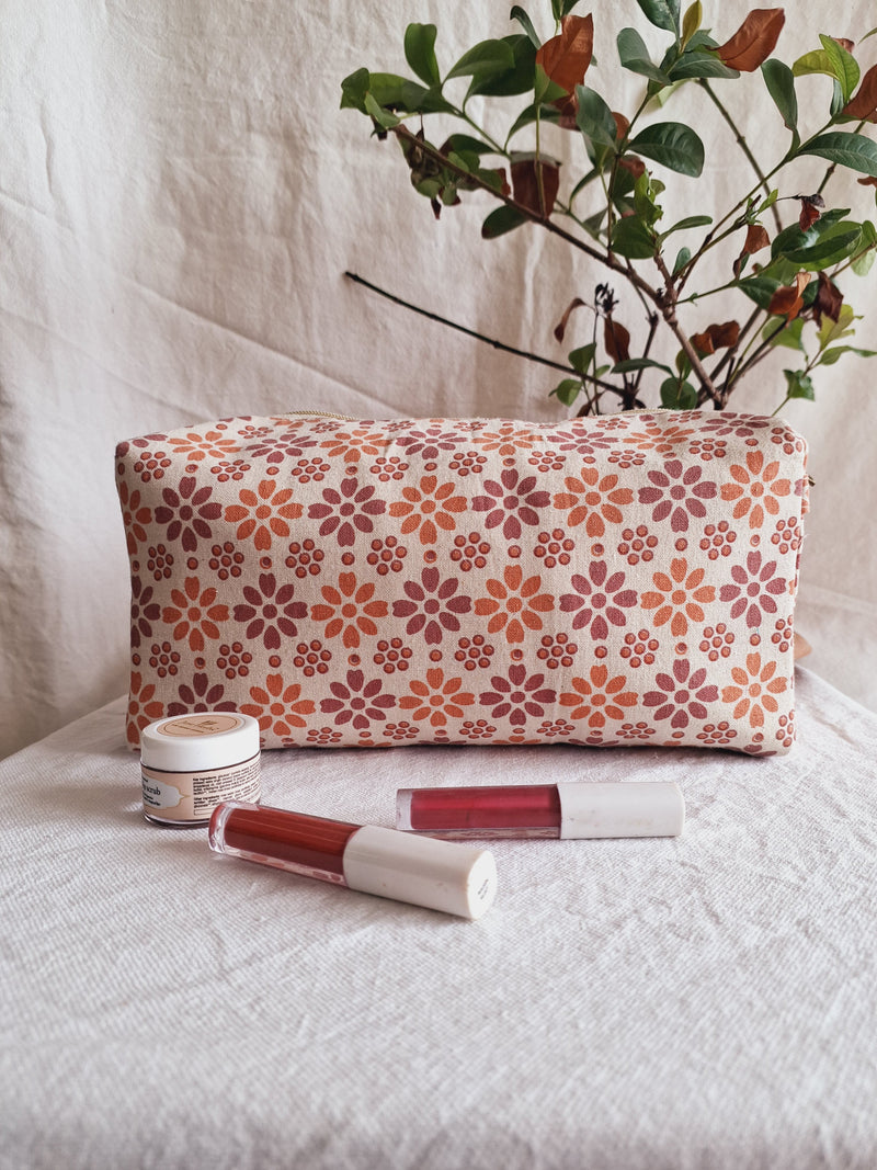 Cotton Hand Printed travel pouch • Pastel flowers-1