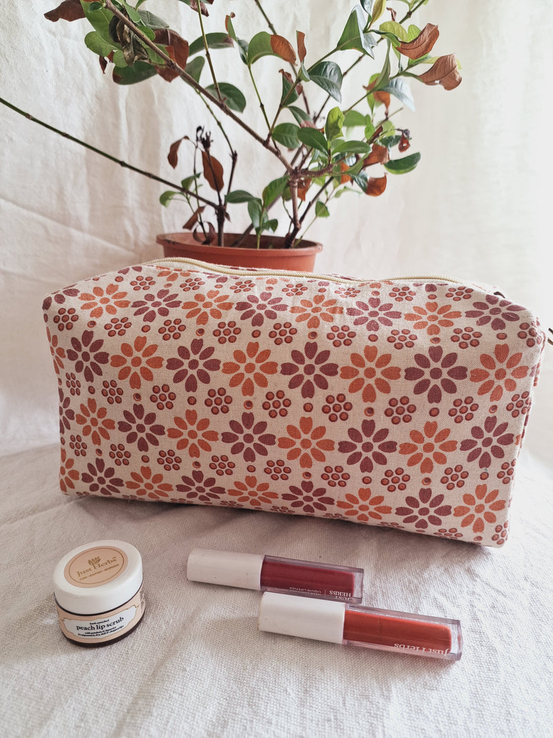 Cotton Hand Printed travel pouch • Pastel flowers-2