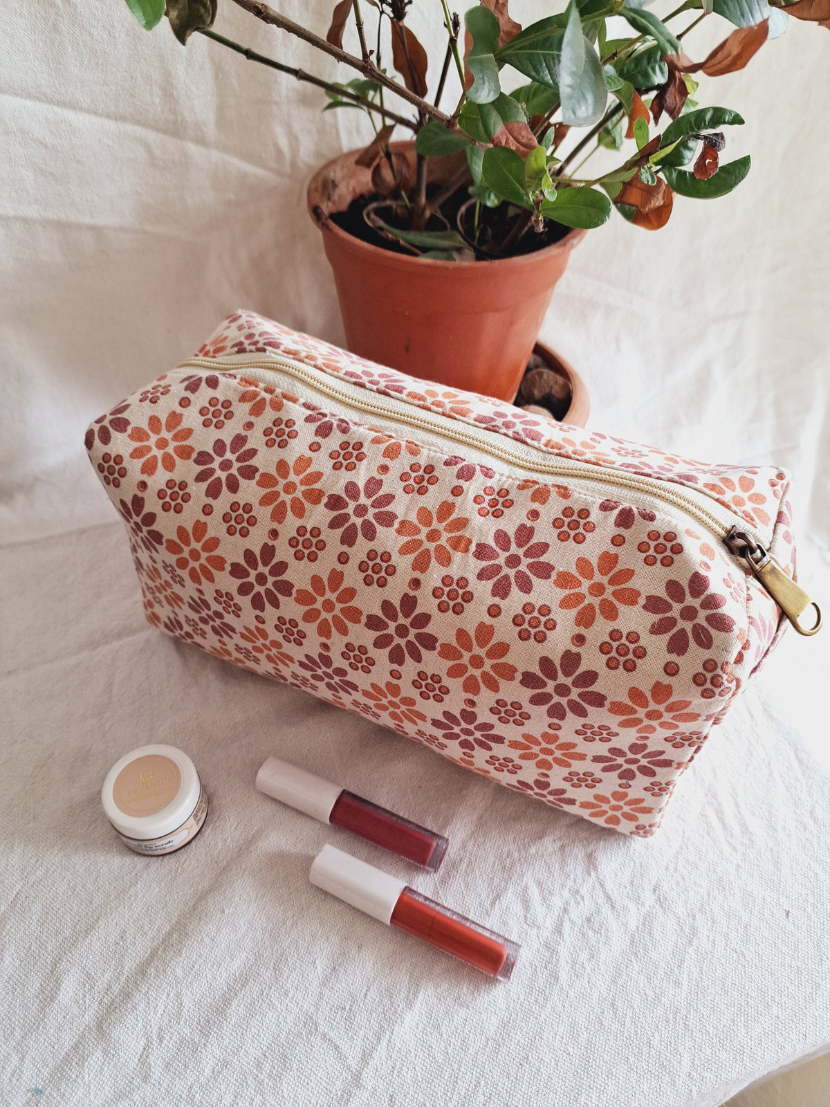 Cotton Hand Printed travel pouch • Pastel flowers-3