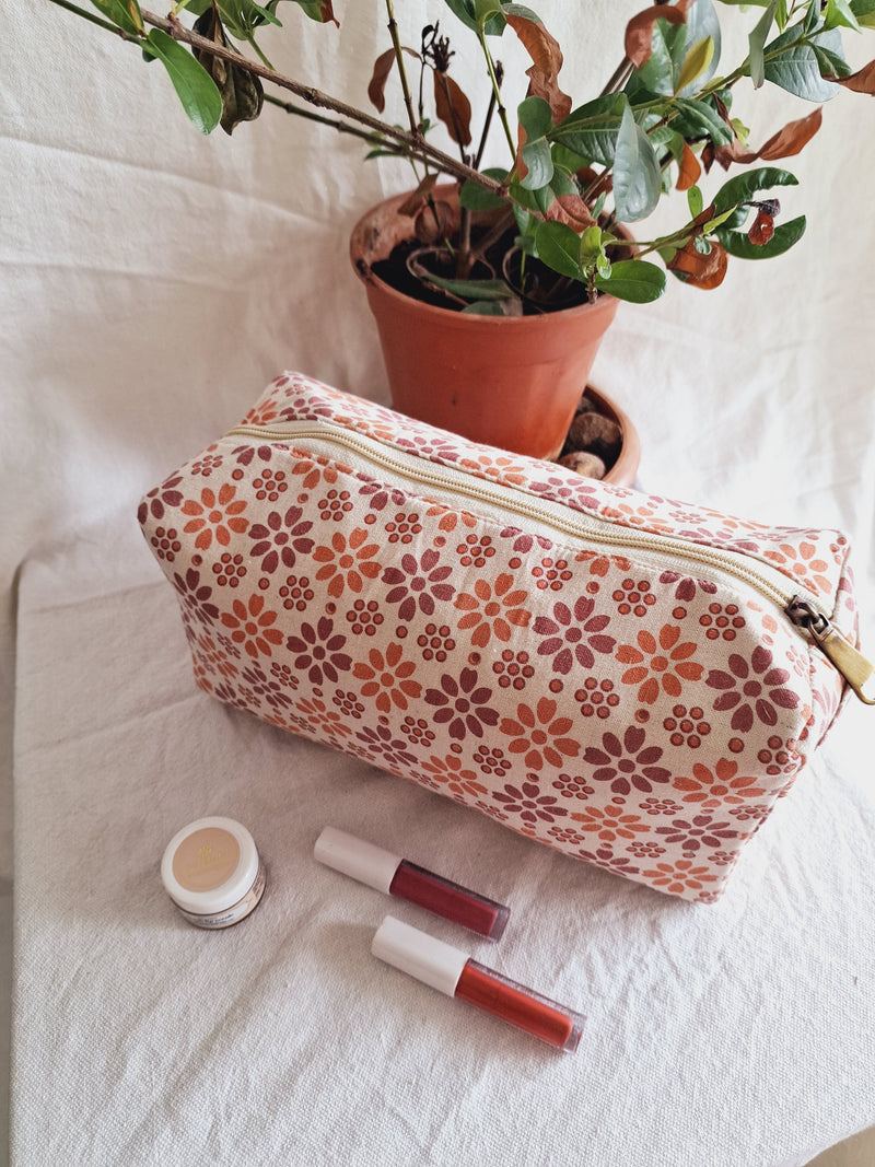 Cotton Hand Printed travel pouch • Pastel flowers-4