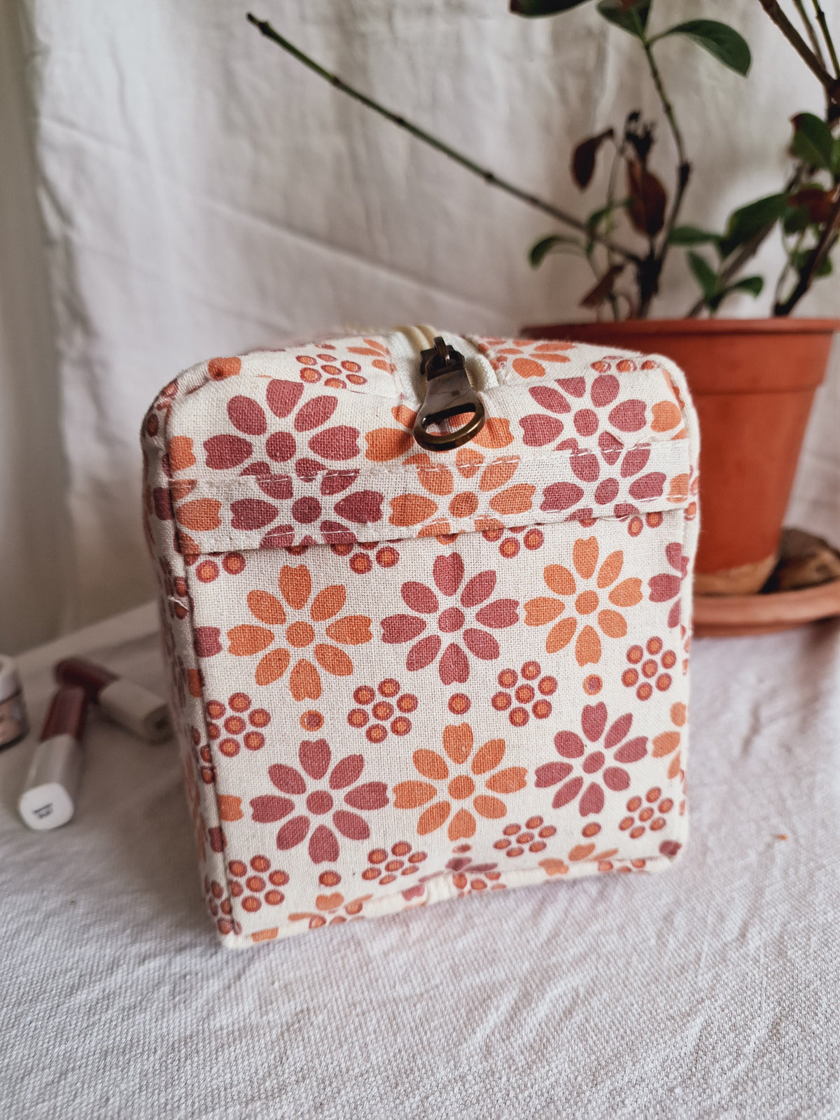 Cotton Hand Printed travel pouch • Pastel flowers-5