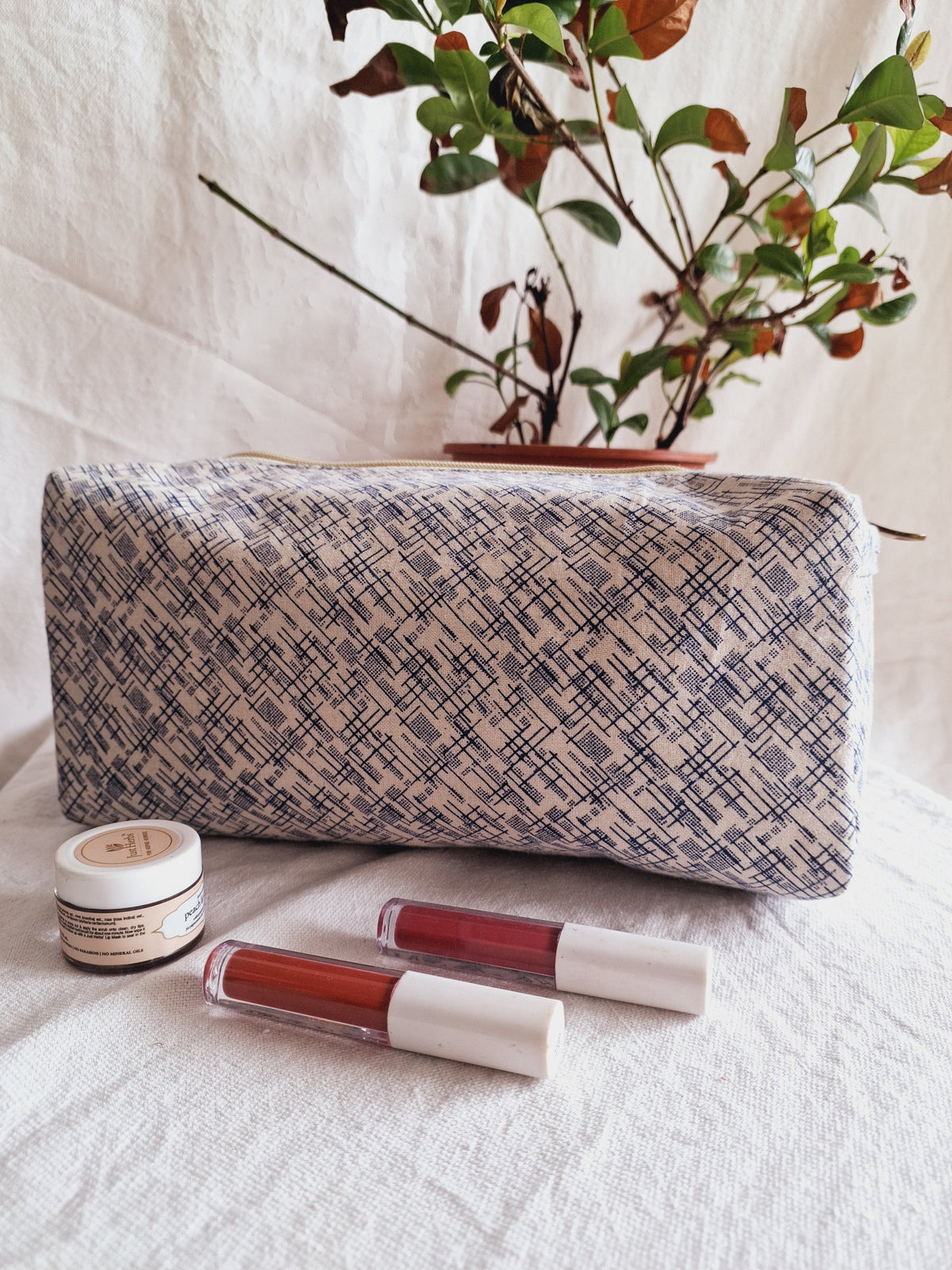 Cotton Hand Printed travel pouch • Hash Blue