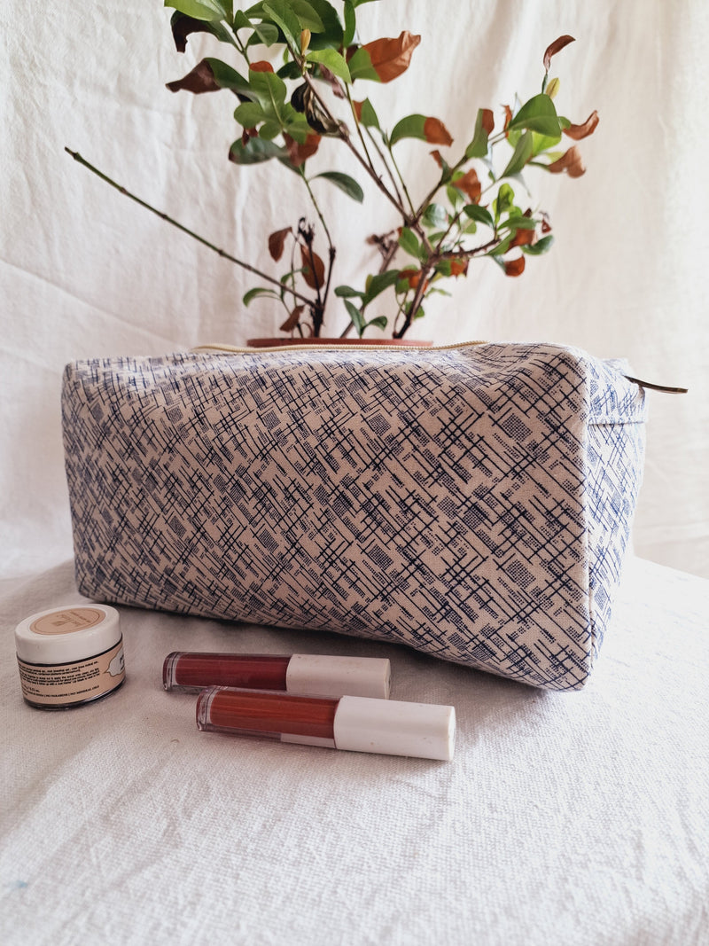 Cotton Hand Printed travel pouch • Hash Blue-4