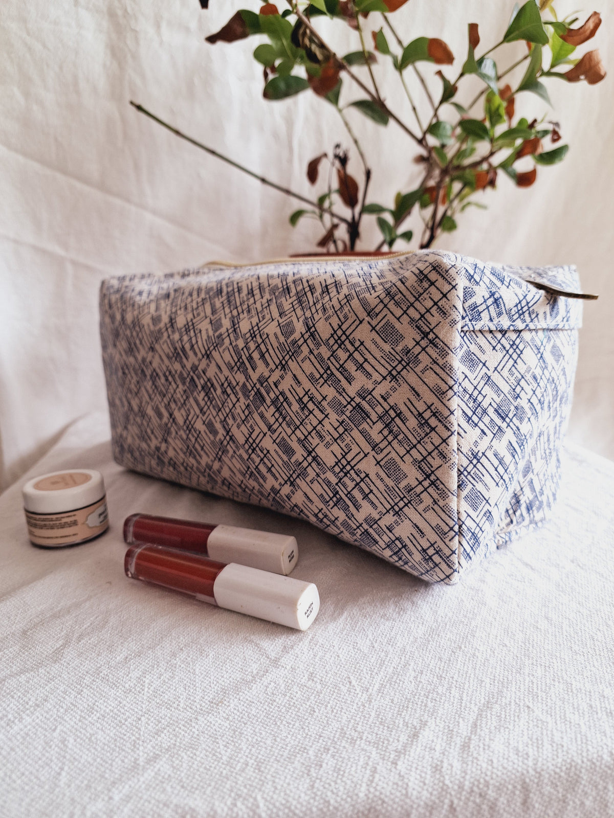 Cotton Hand Printed travel pouch • Hash Blue-5