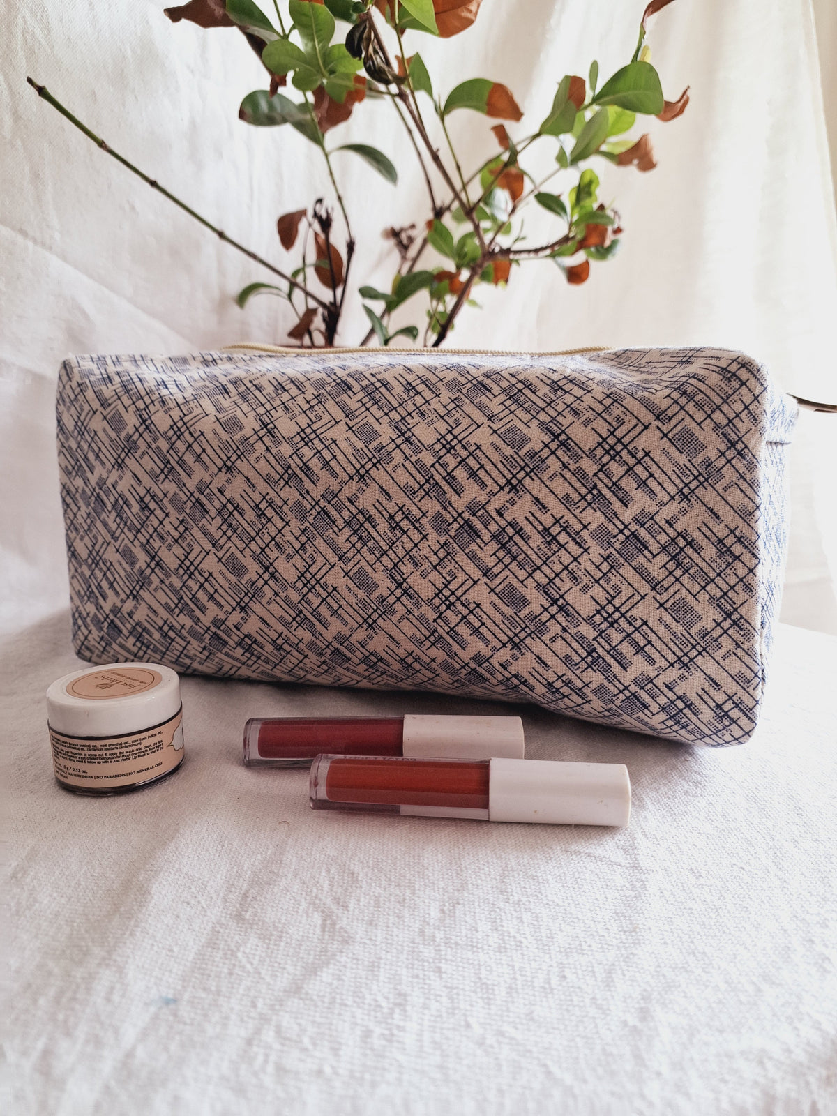 Cotton Hand Printed travel pouch • Hash Blue-2