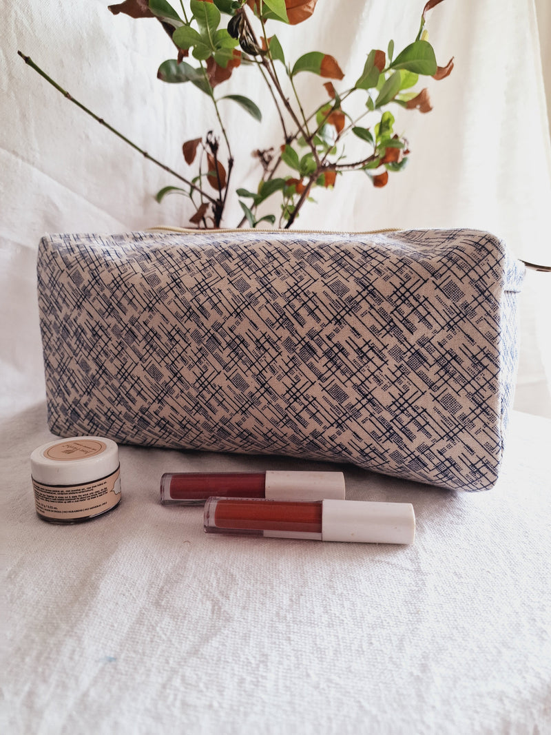 Cotton Hand Printed travel pouch • Hash Blue-2