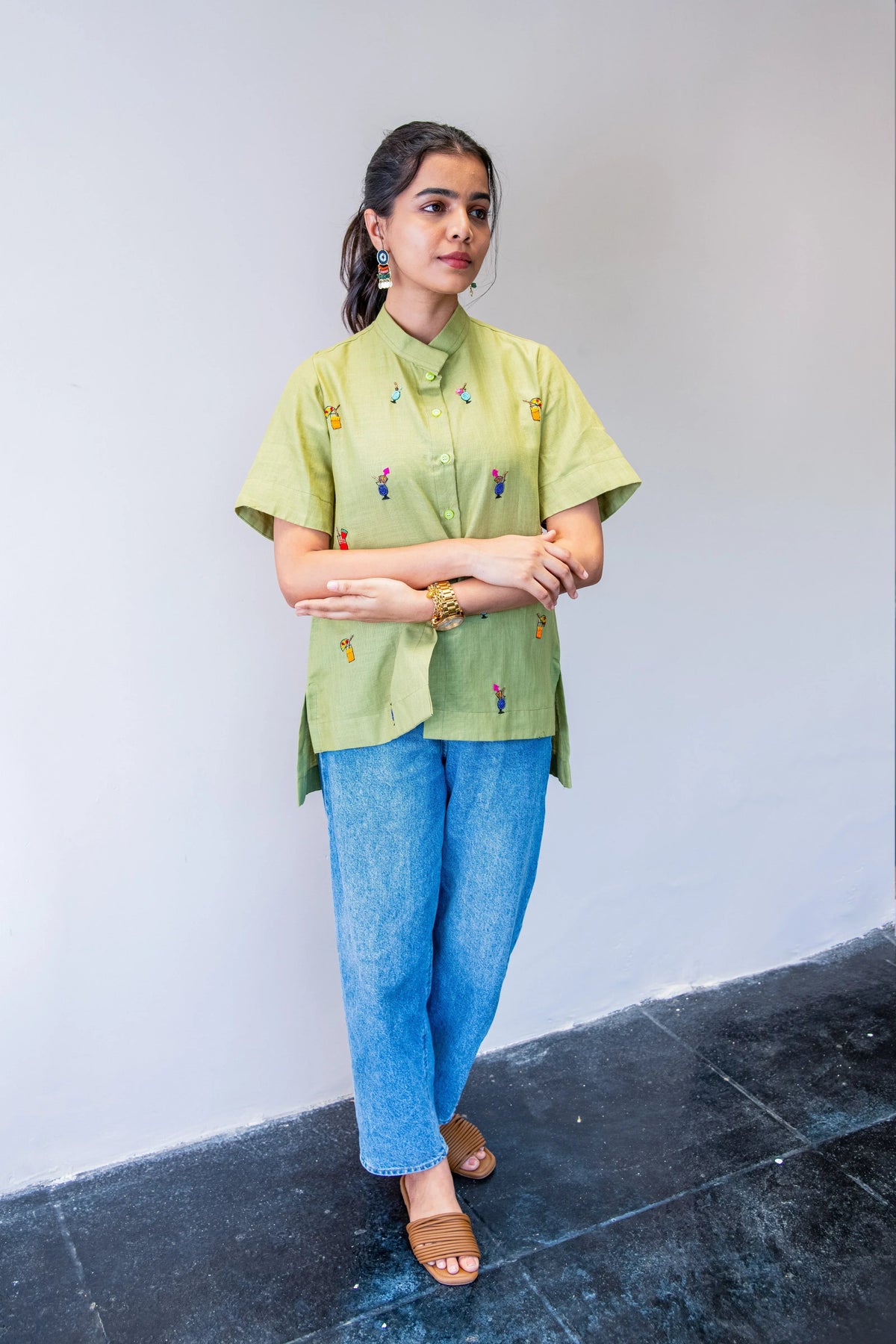 Green Cotton Linen Shirt with Cocktail Embroidery