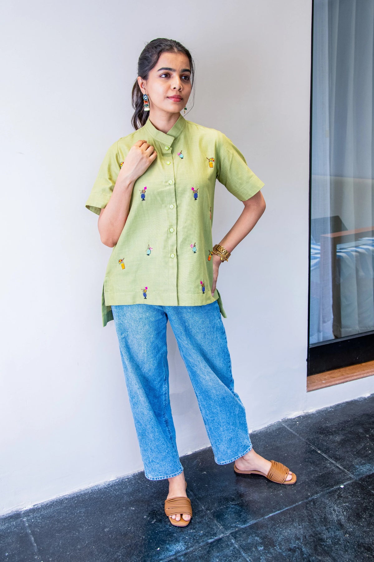 Green Cotton Linen Shirt with Cocktail Embroidery