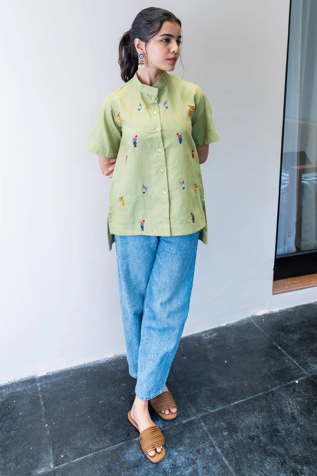 Green Cotton Linen Shirt with Cocktail Embroidery