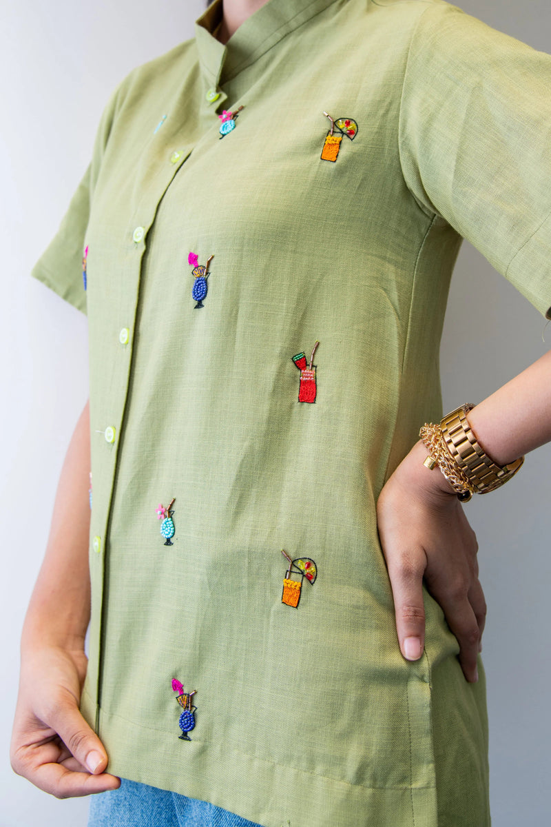 Green Cotton Linen Shirt with Cocktail Embroidery