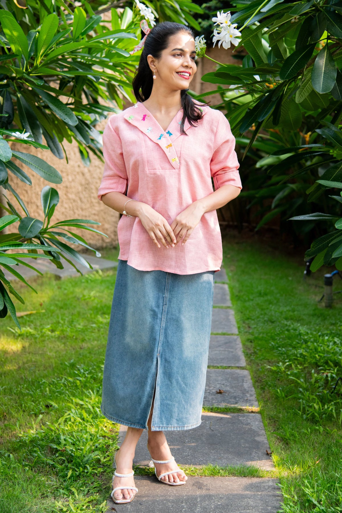 Peach Cotton Linen Shirt with Embroidered Collars