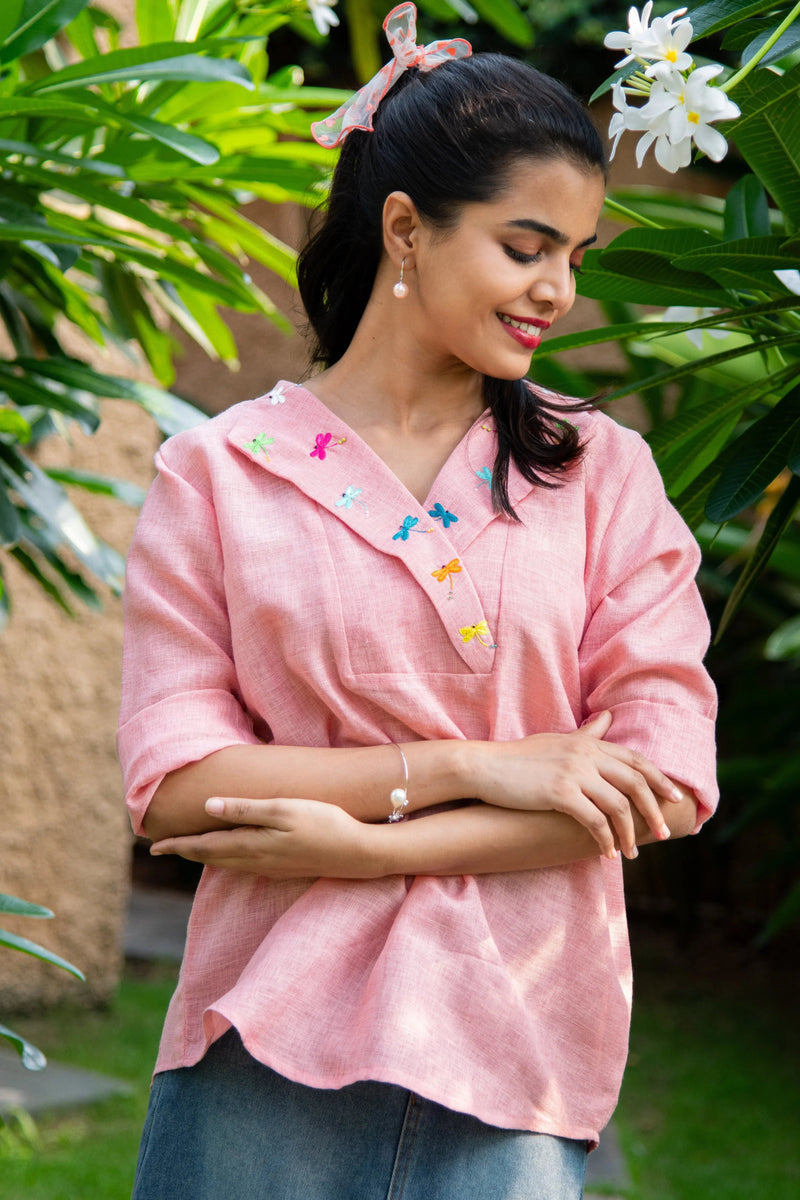 Peach Cotton Linen Shirt with Embroidered Collars