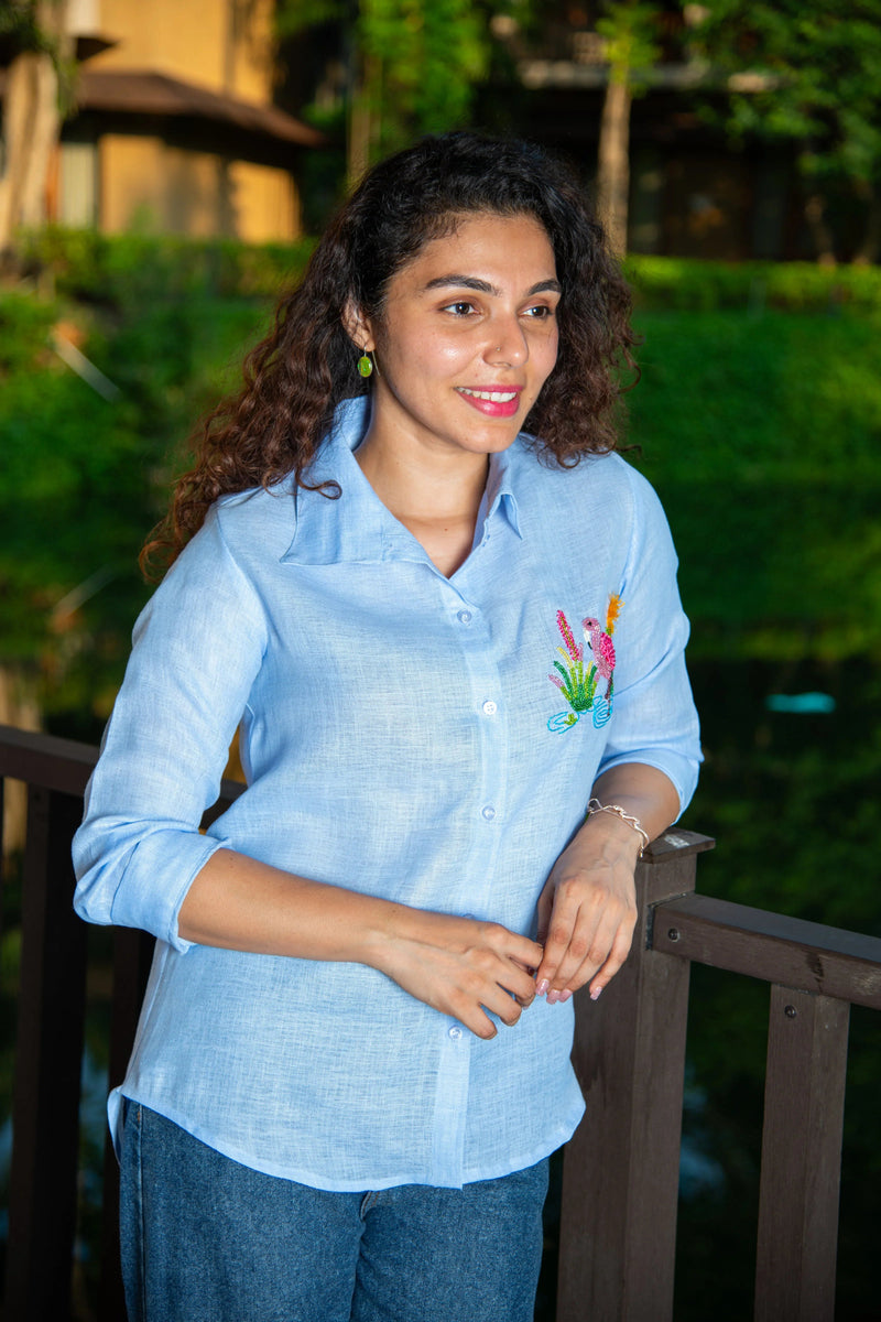 Blue Cotton Linen Shirt with Flamingo Embroidery