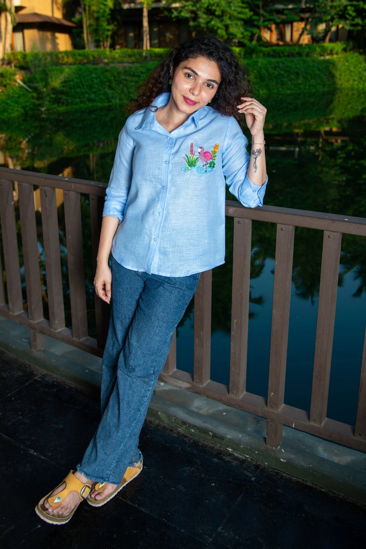 Blue Cotton Linen Shirt with Flamingo Embroidery