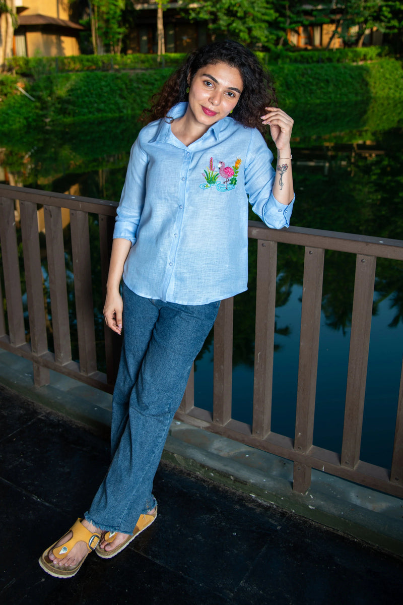 Blue Cotton Linen Shirt with Flamingo Embroidery
