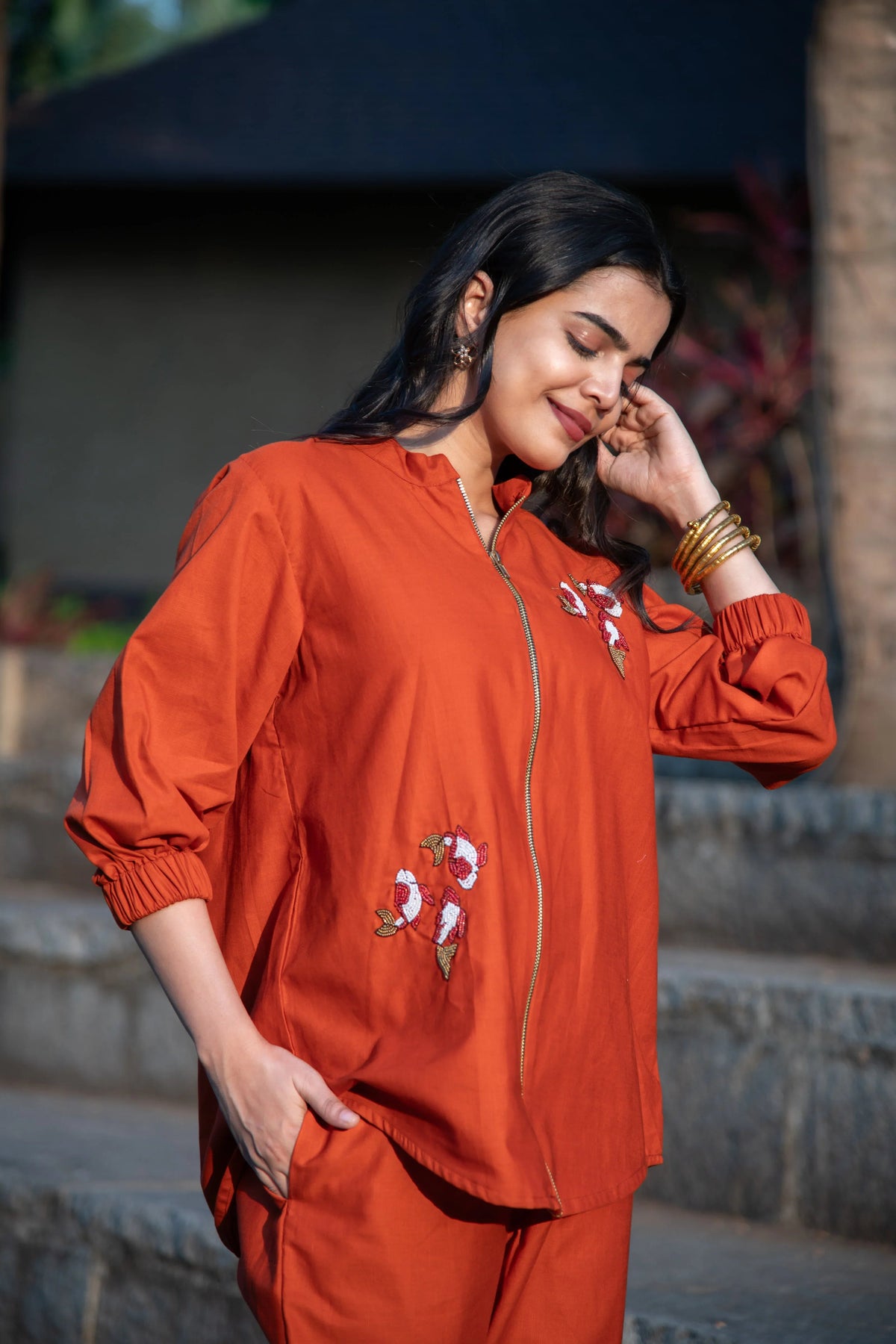 Rust Cotton Co-Ord with Koi Fish Embroidery