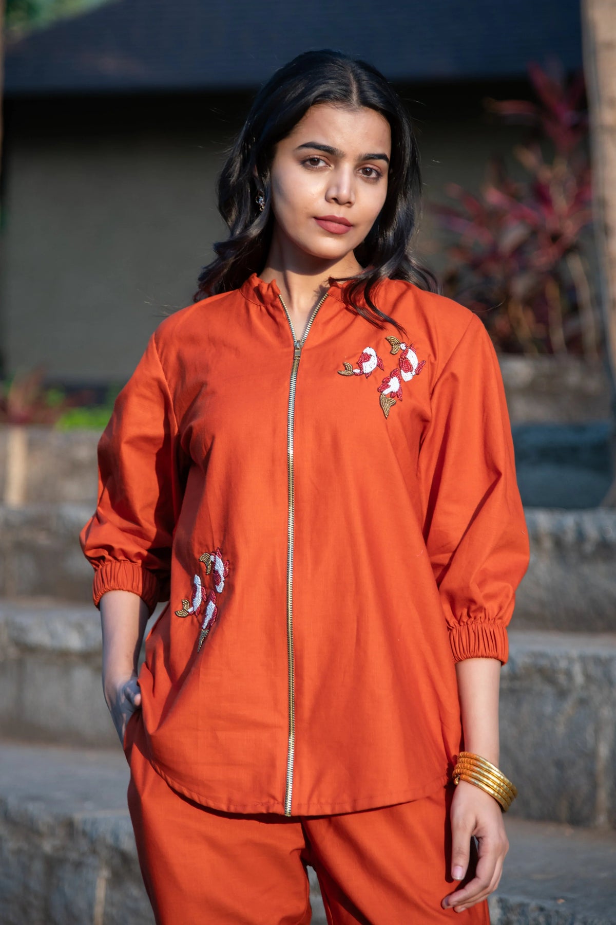 Rust Cotton Co-Ord with Koi Fish Embroidery