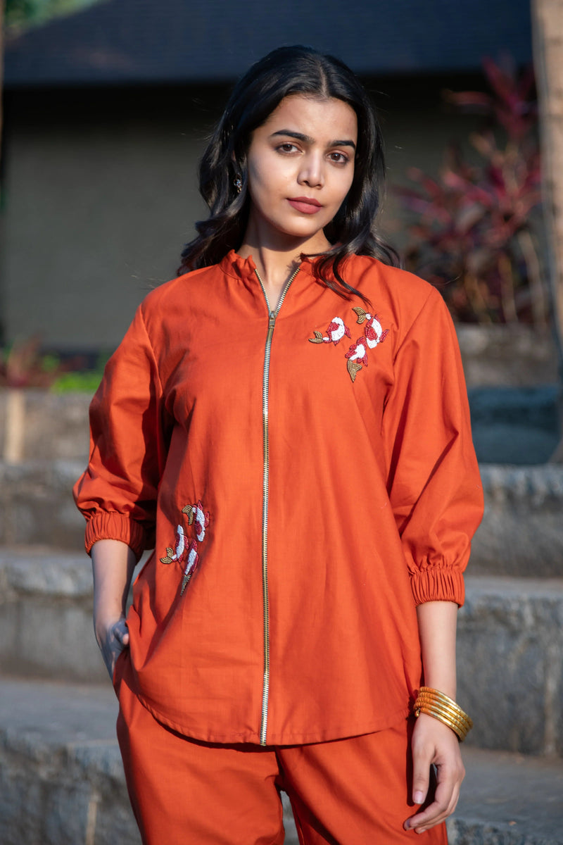 Rust Cotton Co-Ord with Koi Fish Embroidery
