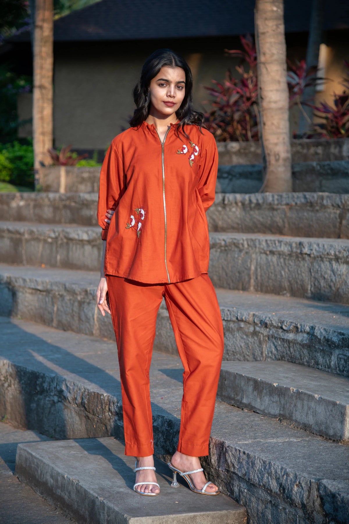 Rust Cotton Co-Ord with Koi Fish Embroidery