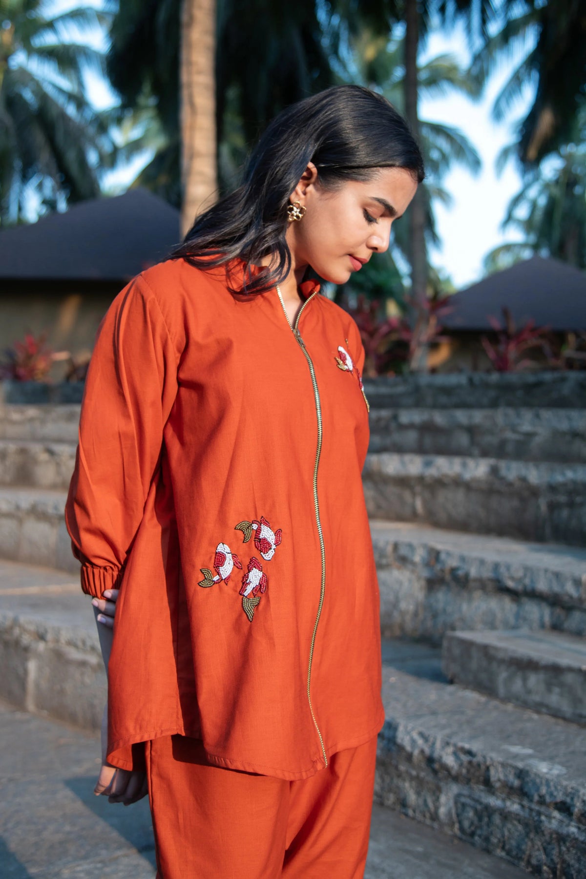 Rust Cotton Co-Ord with Koi Fish Embroidery