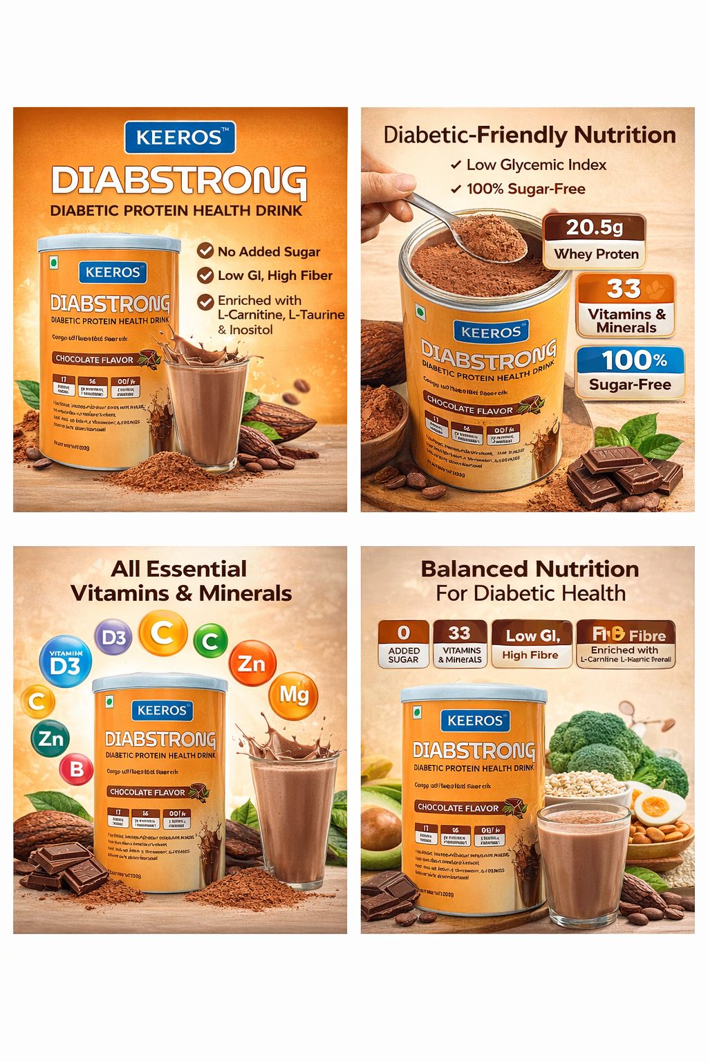 Keeros DiabStrong: Daily Protein Nutrition Drink for Better Diabetes Management |No Added Sugar| High Protein with 33 Vitamins & Minerals|One Box= 25 days of Nutrition, Sugar Control & Energy| Delicious Chocolate Flavor |