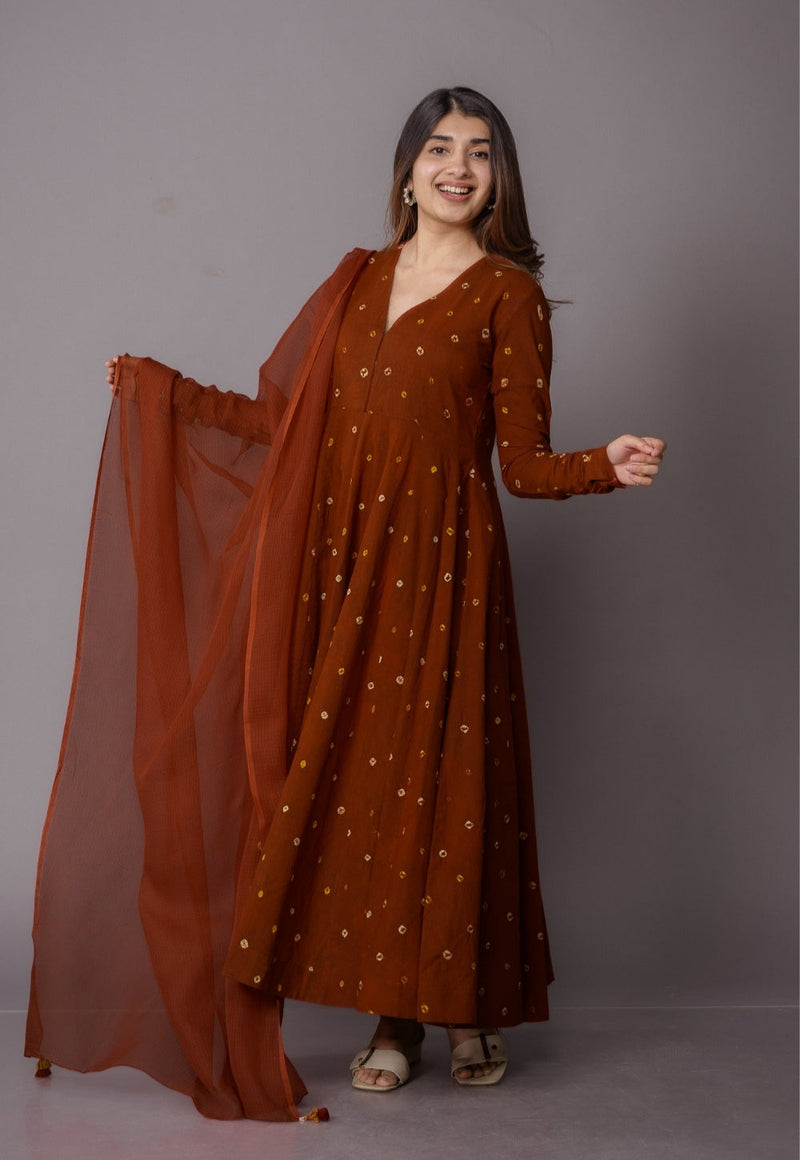 Amaya Brown Bandhani Cotton Kali Kurta with Embroidery