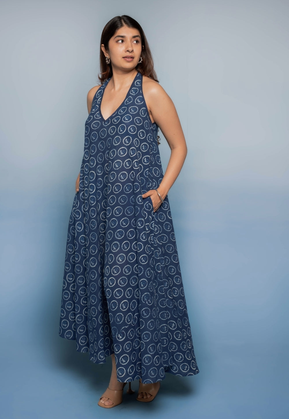 Tashi Blue Dabu Mul Cotton A Line Dress