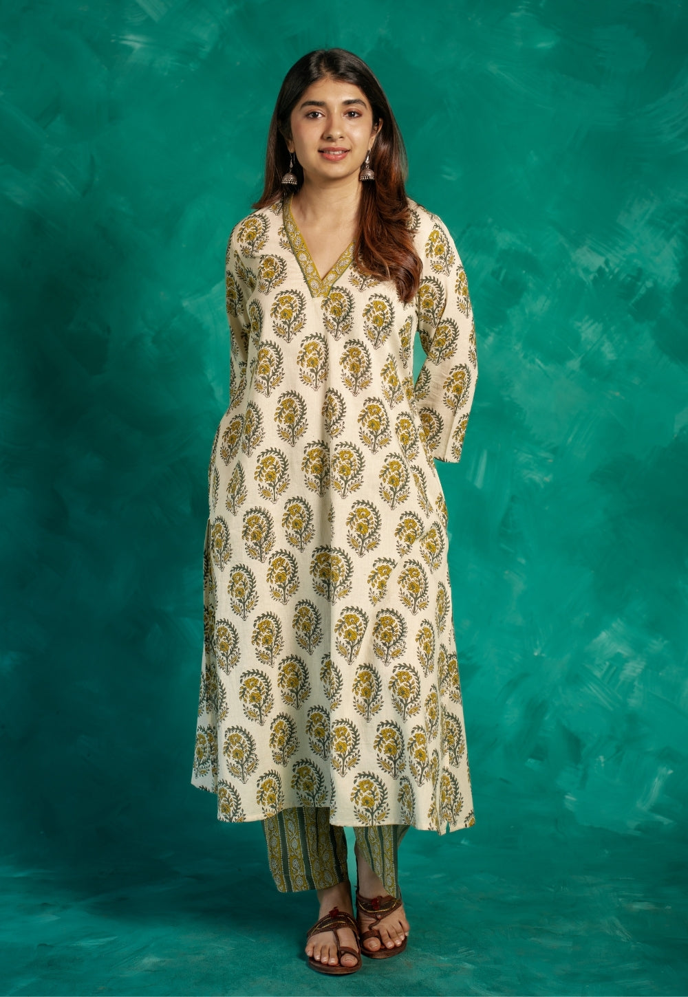 Vinita Yellow Bagru Cotton A Line Kurta