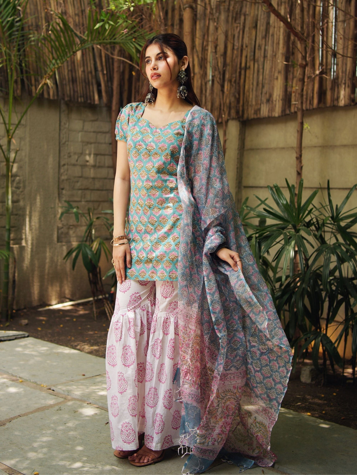 Mahi Handblock Cotton Sharara Set with Kota Doriya Dupatta for Women