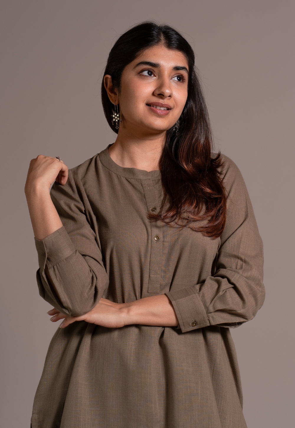 Khaki Grey Solid Slub Cotton Straight Co-Ord Set - DyeVerse