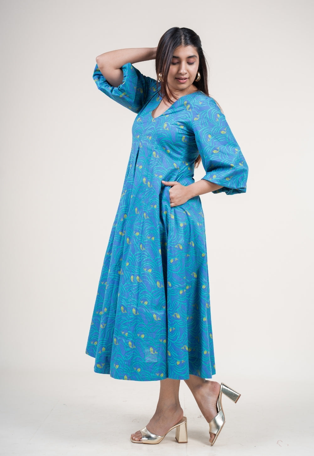 Tanisha Ink Blue Printed Cotton A Line Dress