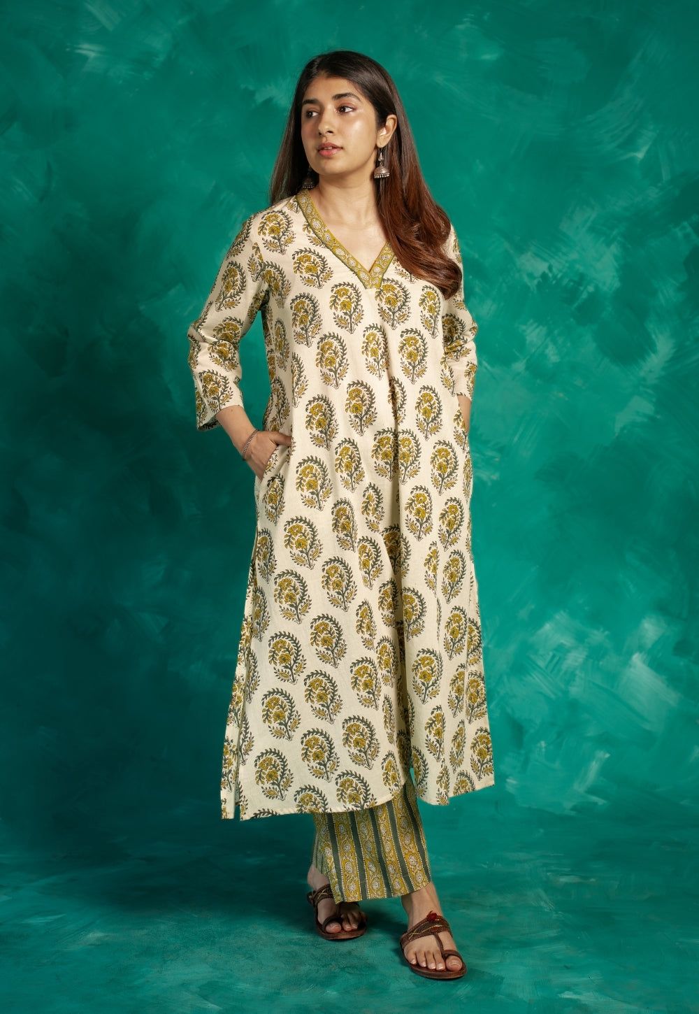 Vinita Yellow Bagru Cotton A Line Kurta
