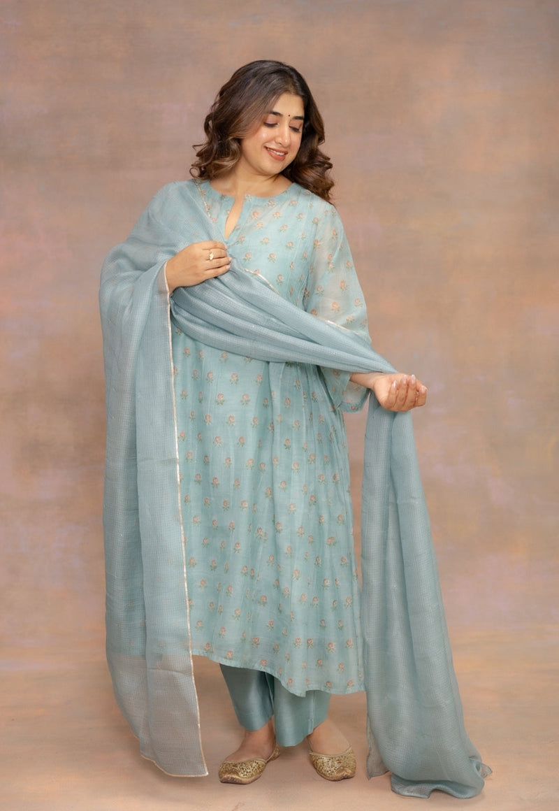 Yashi Blue Solid Chanderi Silk Straight Pant