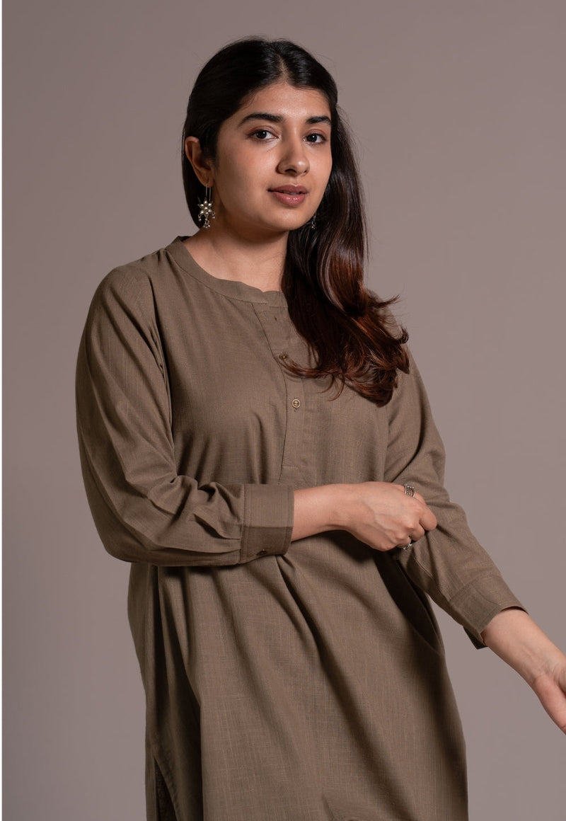 Khaki Grey Solid Slub Cotton Straight Co-Ord Set - DyeVerse