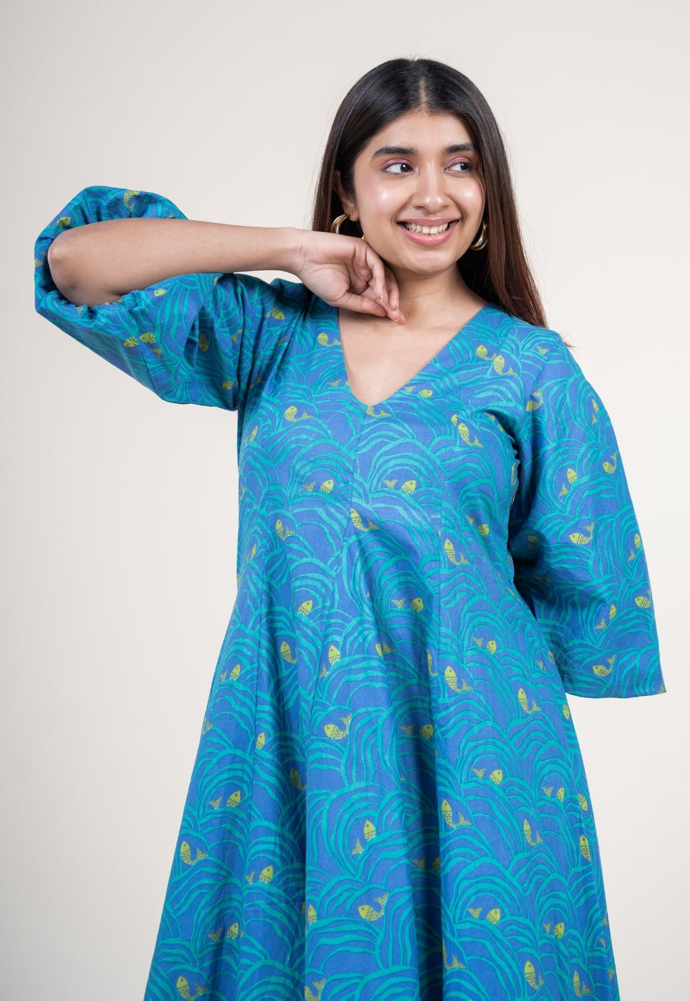 Tanisha Ink Blue Printed Cotton A Line Dress