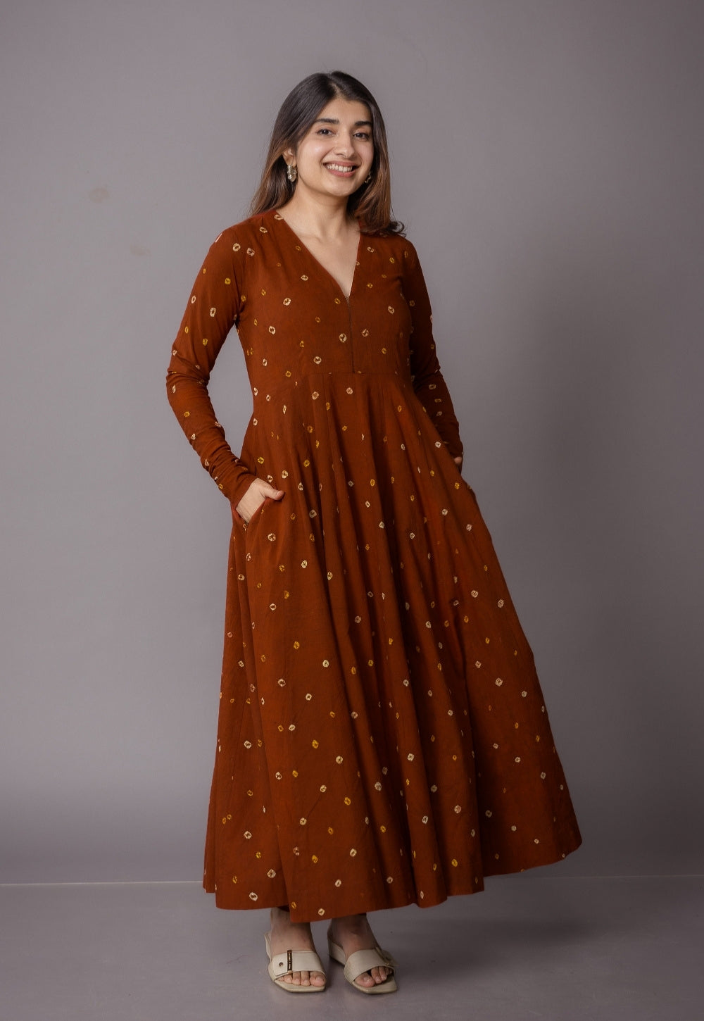 Amaya Brown Bandhani Cotton Kali Kurta with Embroidery
