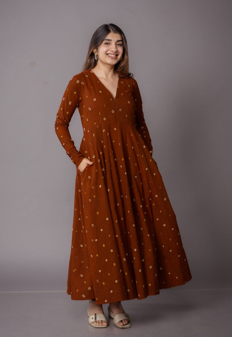 Amaya Brown Bandhani Cotton Kali Kurta with Embroidery
