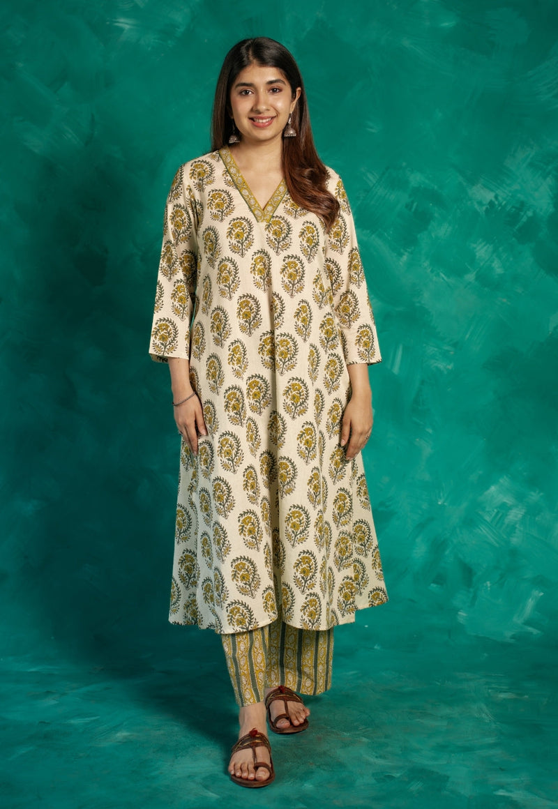 Vinita Yellow Bagru Cotton A Line Kurta