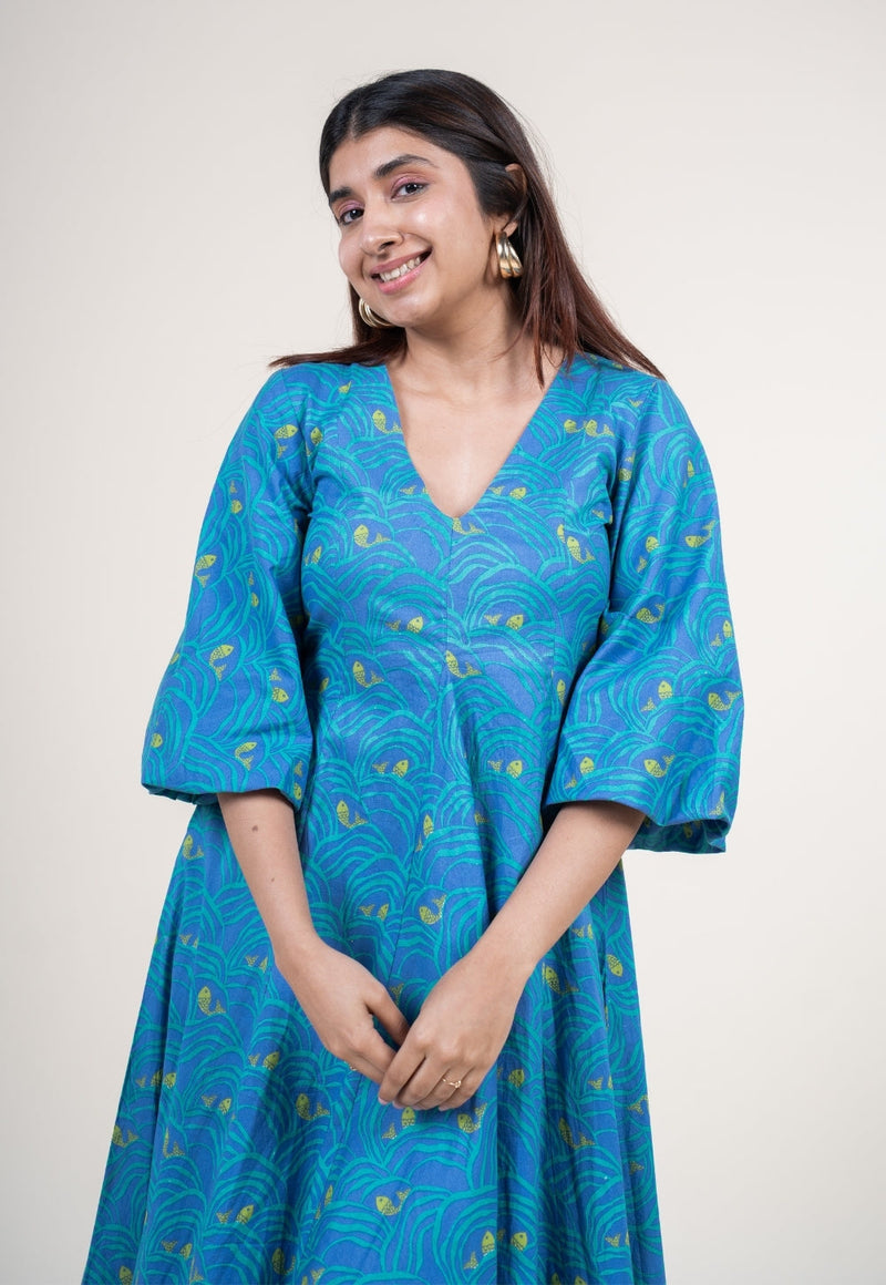 Tanisha Ink Blue Printed Cotton A Line Dress